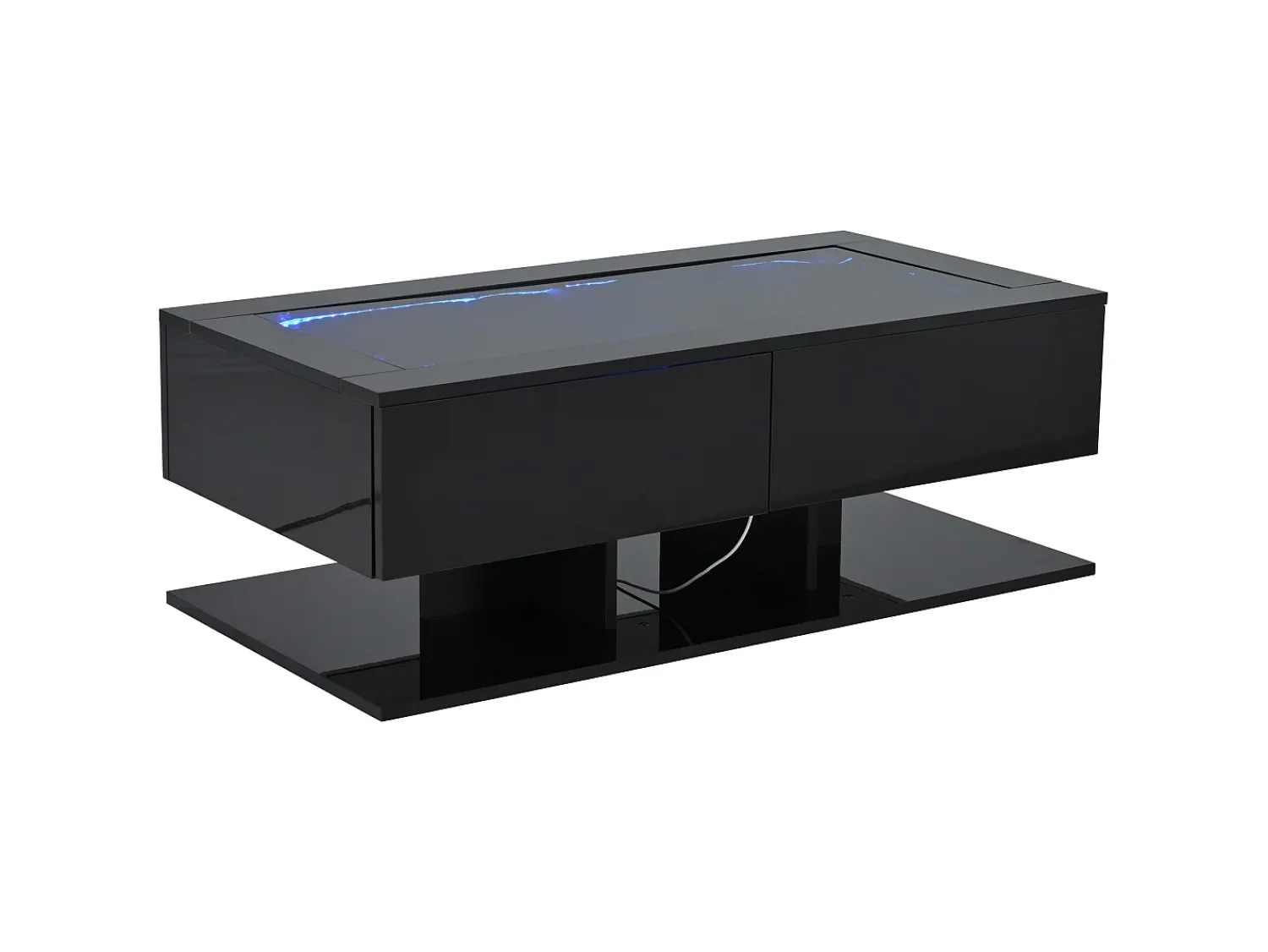 Mesa De Centro| Mesa de centro retangular - Mesa de centro com iluminação LED e 2 gavetas - Tampo em vidro - Preto