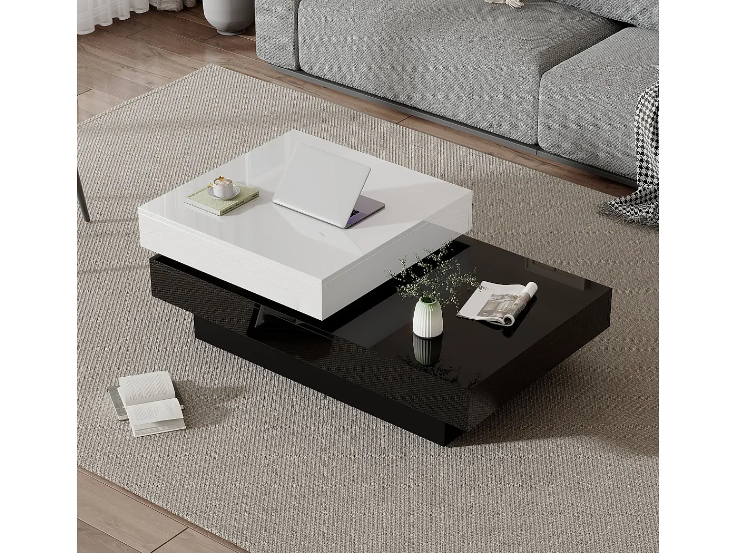 Mesa De Centro* Mesa de centro retangular - Giratória com acabamento brilhante e - preta e branca - para salas de estar Branco