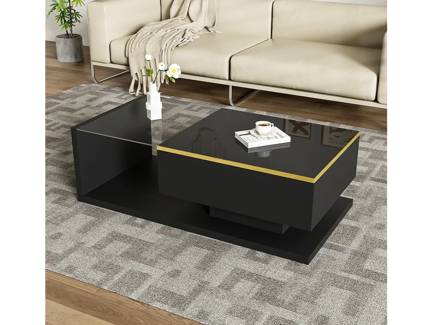 Clearance Hauss Spole Mesa de centro retangular 100x50x32,5cm com compartimento de arrumação, corpo e tampo de vidro, LED incluído Preto