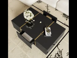 Mesa De Centro| Mesa de centro retangular, mesa de sala de estar com 2 gavetas, com detalhes dourados, preta. Preto