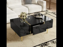 Mesa De Centro| Mesa de centro retangular, mesa de sala de estar com 2 gavetas, com detalhes dourados, preta. Preto