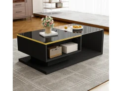 New Hauss Spole Mesa de centro retangular 90x50x32,5cm com compartimento de arrumação, corpo e tampo de vidro, LED incluído Preto