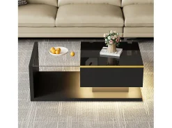 New Hauss Spole Mesa de centro retangular 90x50x32,5cm com compartimento de arrumação, corpo e tampo de vidro, LED incluído Preto