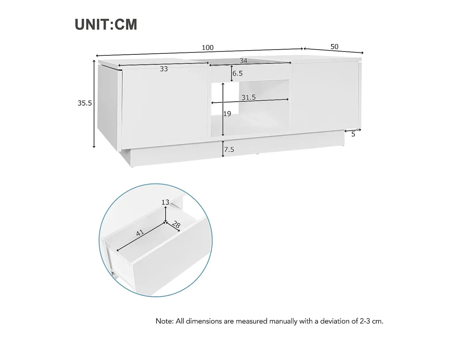 Hauss Spole Mesa de centro retangular 100x50x35,5cm com 2 gavetas laterais e tampo de vidro, LED, branca^ Mesa De Centro