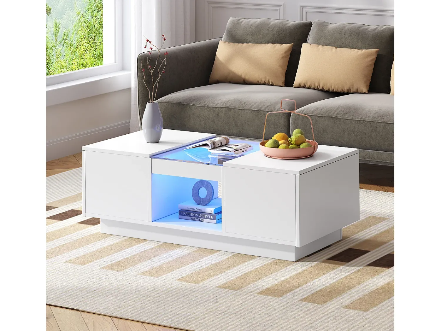 Hauss Spole Mesa de centro retangular 100x50x35,5cm com 2 gavetas laterais e tampo de vidro, LED, branca^ Mesa De Centro