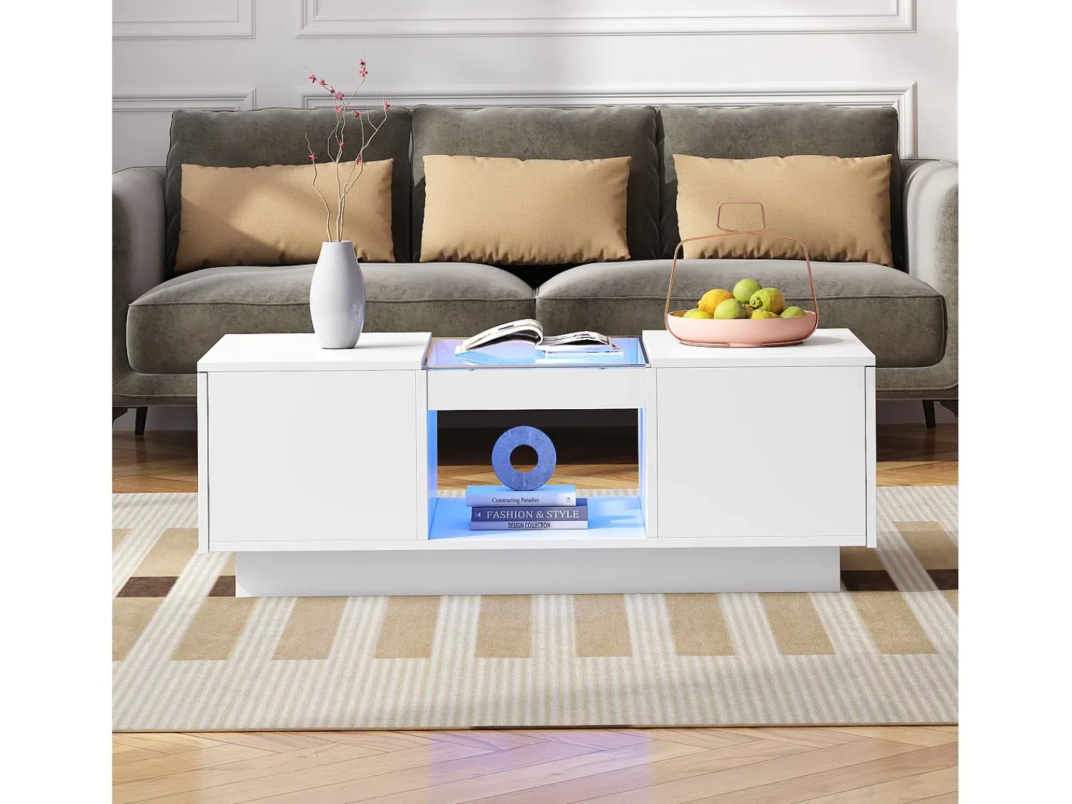 Hauss Spole Mesa de centro retangular 100x50x35,5cm com 2 gavetas laterais e tampo de vidro, LED, branca^ Mesa De Centro