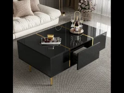 Best Mesa de centro retangular com 2 gavetas, mesa de centro de madeira com detalhes dourados, preta. Preto