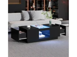 Mesa De Centro|Hauss Spole Mesa de centro retangular 100x50x35,5cm com 2 gavetas laterais e tampo de vidro, LED, preta Preto