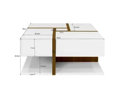 Mesa De Centro| Mesa de centro retangular de 78 cm com 4 gavetas ocultas, estilo moderno, design geométrico, mesa de sala em madeira - Branco