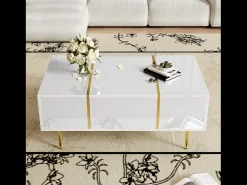 Outlet Mesa de centro retangular com 2 gavetas, mesa de centro de madeira com detalhes dourados, branca Branco