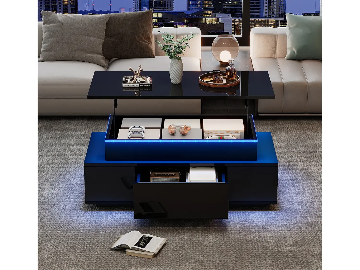 Hauss Spole Mesa de centro retangular 96x45x40cm com tampo elevatório e 1 gaveta, amplo espaço de arrumação integrado, LED incluído, corpo em laca preta brilhante^ Mesa De Centro