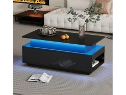 Hauss Spole Mesa de centro retangular 96x45x40cm com tampo elevatório e 1 gaveta, amplo espaço de arrumação integrado, LED incluído, corpo em laca preta brilhante^ Mesa De Centro