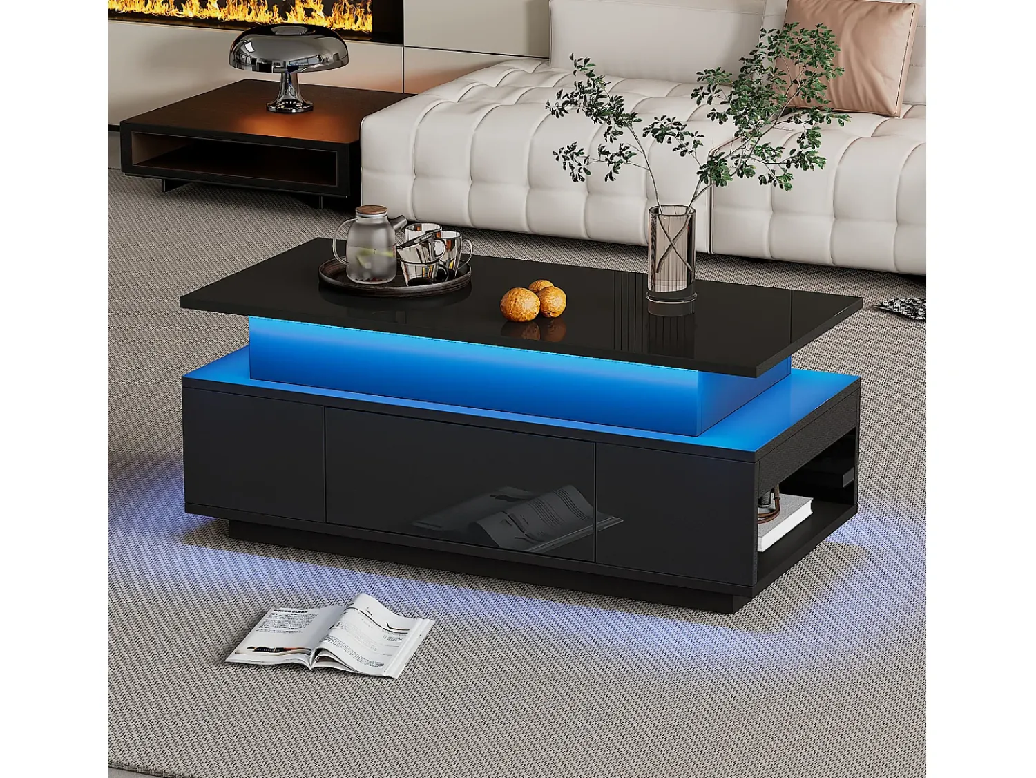 Hauss Spole Mesa de centro retangular 96x45x40cm com tampo elevatório e 1 gaveta, amplo espaço de arrumação integrado, LED incluído, corpo em laca preta brilhante^ Mesa De Centro