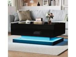 Mesa De Centro|Hauss Spole Mesa de centro retangular 90x50x38cm com 2 gavetas, LED incluído, corpo em laca preta brilhante Preto