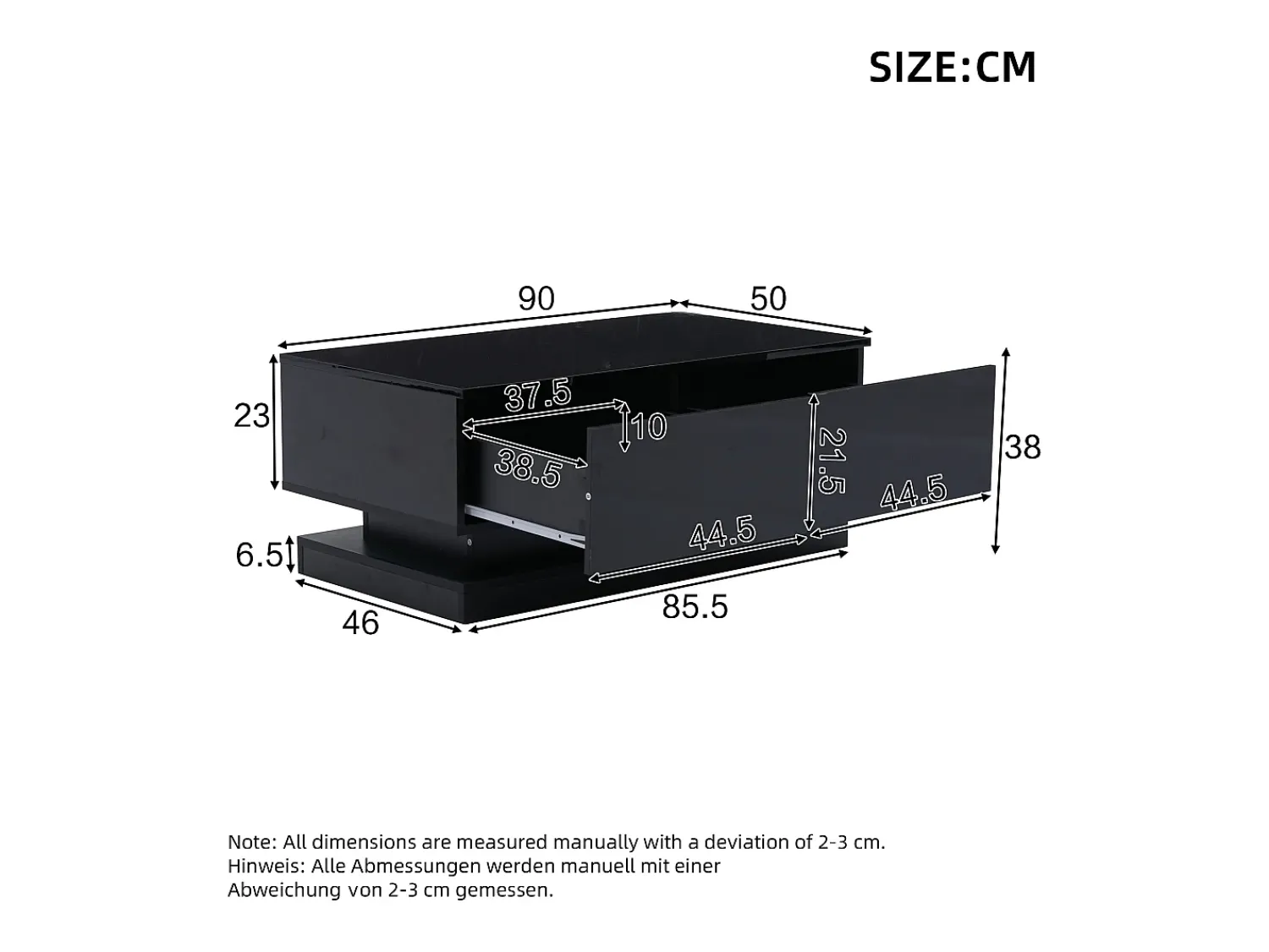 Mesa De Centro|Hauss Spole Mesa de centro retangular 90x50x38cm com 2 gavetas, LED incluído, corpo em laca preta brilhante Preto