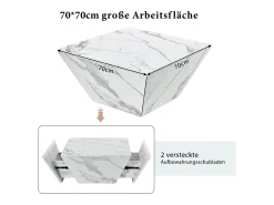Online Mesa de centro trapézio brilhante, com tampo em aspeto de mármore, 2 gavetas, mesa de sala, 70 x 70 x 37 cm - Branco