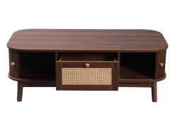 Mesa De Centro*Hauss Spole Mesa de centro 110x55cm em folheado de nogueira com rattan, amplo espaço de armazenamento, Natural escuro