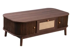Mesa De Centro*Hauss Spole Mesa de centro 110x55cm em folheado de nogueira com rattan, amplo espaço de armazenamento, Natural escuro