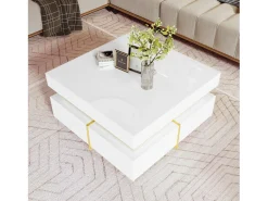 Mesa De Centro* Mesa de centro 70x70cmx35,5, mesa quadrada alto brilho com gavetas e detalhes dourados, branca Branco
