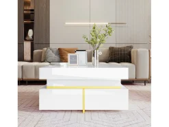 Mesa De Centro* Mesa de centro 70x70cmx35,5, mesa quadrada alto brilho com gavetas e detalhes dourados, branca Branco