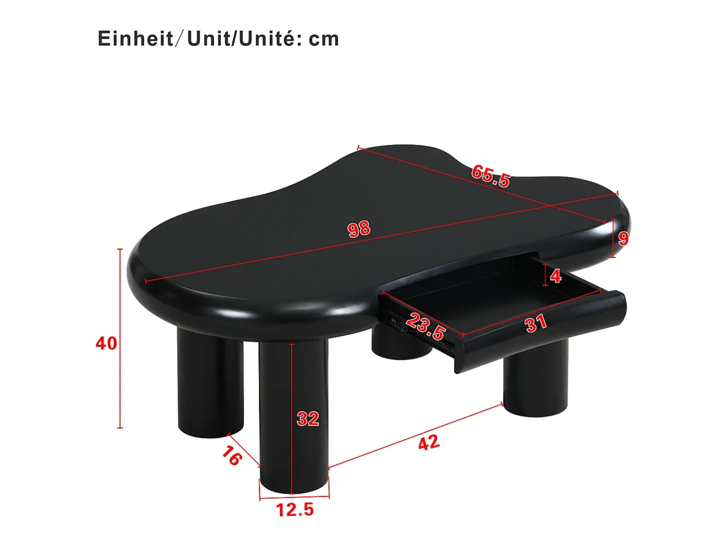 Mesa De Centro*ModernLuxe Mesa de centro 98x65.5x40 cm - forma de nuvem - 1 gaveta - com iluminação LED - Preto