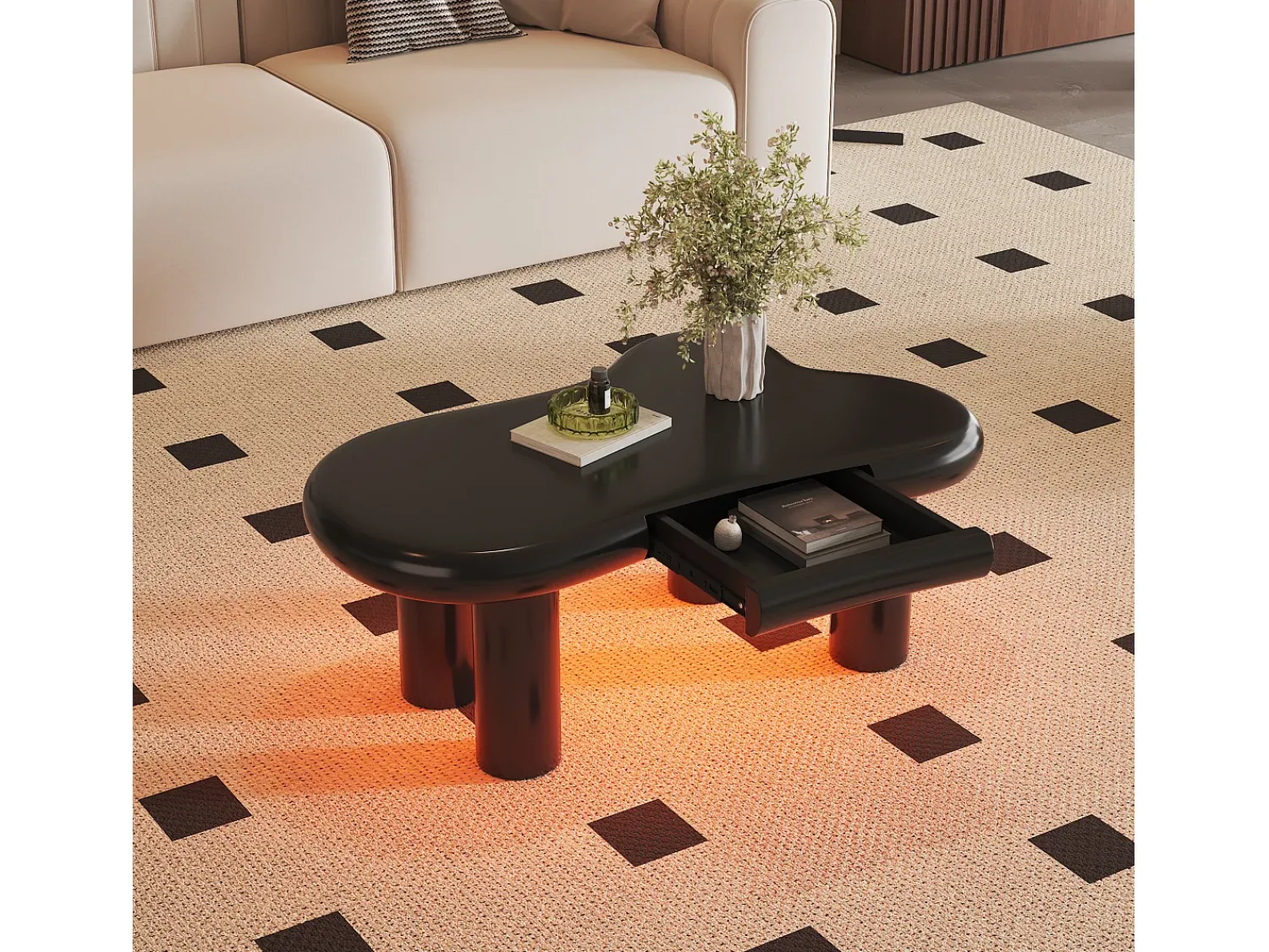 Mesa De Centro*ModernLuxe Mesa de centro 98x65.5x40 cm - forma de nuvem - 1 gaveta - com iluminação LED - Preto