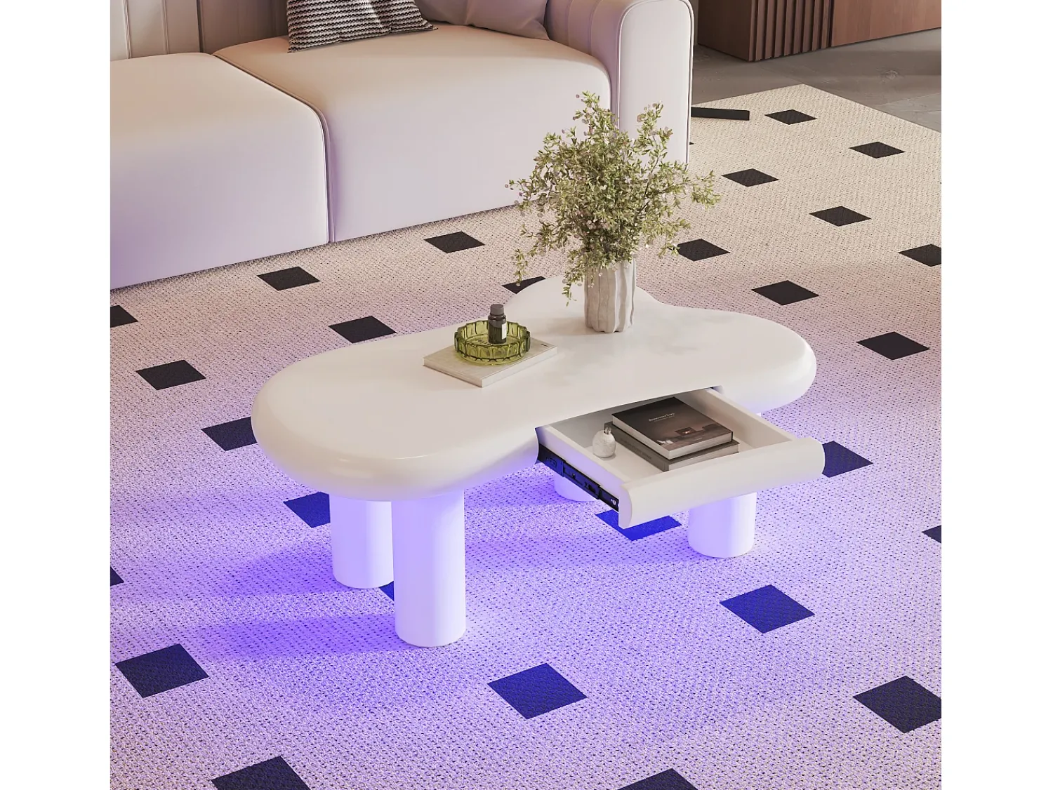 ModernLuxe Mesa de centro 98x65.5x40 cm - forma de nuvem - 1 gaveta - com iluminação LED -^ Mesa De Centro