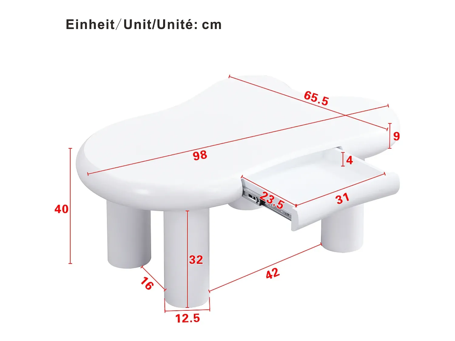 ModernLuxe Mesa de centro 98x65.5x40 cm - forma de nuvem - 1 gaveta - com iluminação LED -^ Mesa De Centro