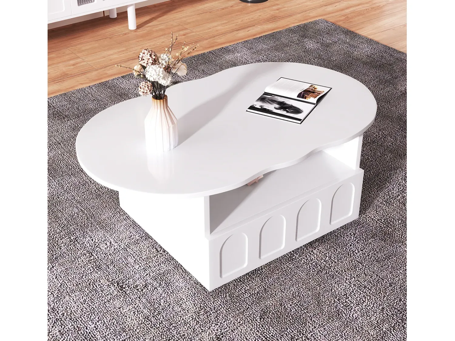 Mesa De Centro| Mesa de centro 100x39,2x60cm, formato nuvem com gavetas e compartimentos de arrumação, aglomerado, Branco