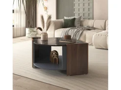 Mesa De Centro| Mesa de centro 96,5x63x40cm, tampo em mármore, nogueira em cores contrastantes, mesa de sala com linhas únicas Castanho