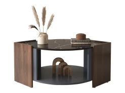 Mesa De Centro| Mesa de centro 96,5x63x40cm, tampo em mármore, nogueira em cores contrastantes, mesa de sala com linhas únicas Castanho