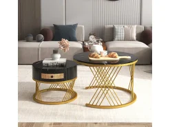 Sale Mesa de centro/lateral redonda 2 em 1 em MDF com tampo de mármore, gavetas em rattan, puxadores de madeira e pés de ferro dourado. 70x70x45,5+50x50x38,5cm Preto