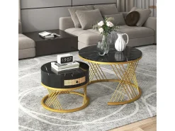 Sale Mesa de centro/lateral redonda 2 em 1 em MDF com tampo de mármore, gavetas em rattan, puxadores de madeira e pés de ferro dourado. 70x70x45,5+50x50x38,5cm Preto
