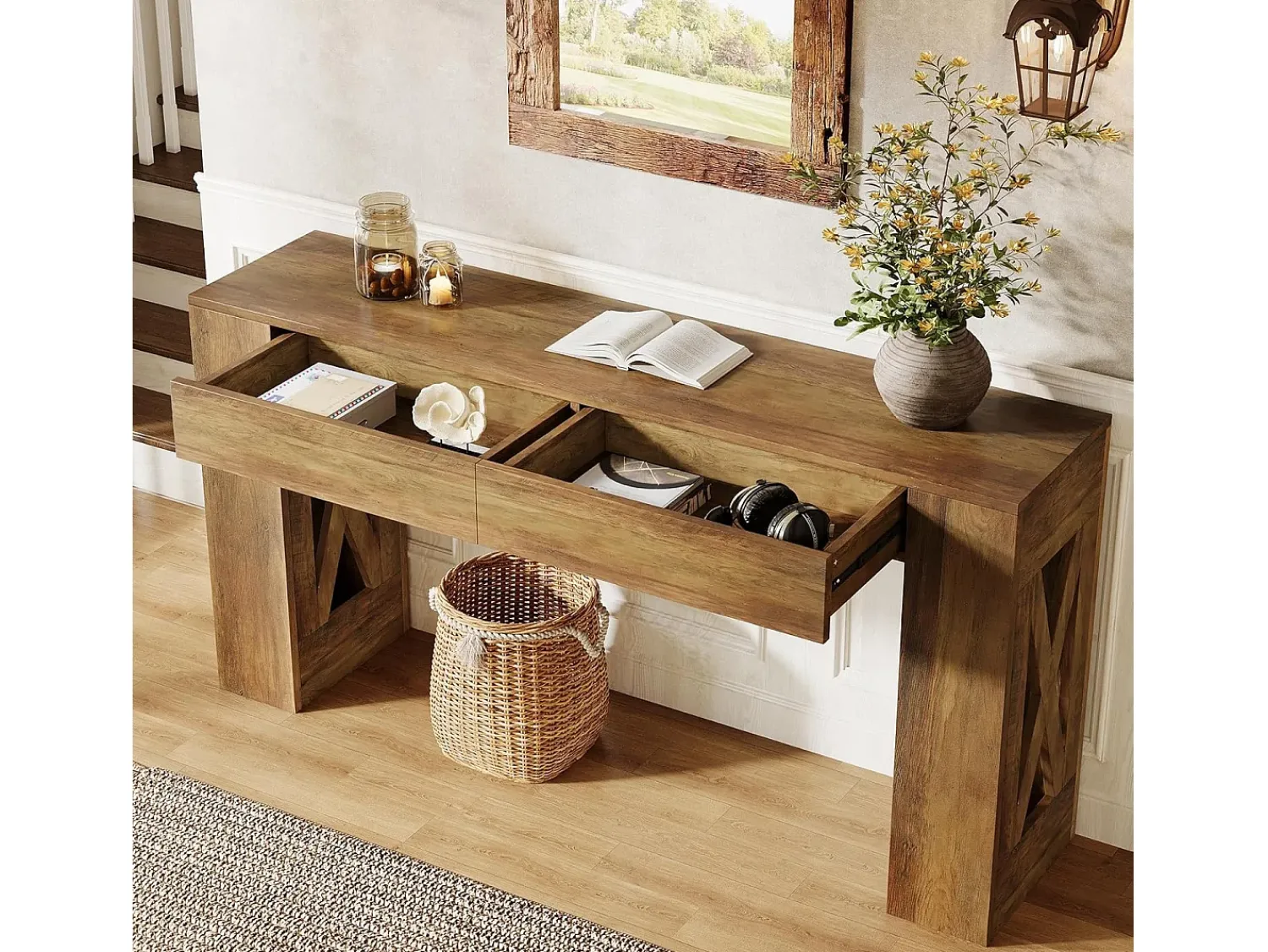 Consola|Tribesigns Mesa de Consola de 160 cm de Comprimento, Mesa de Entrada Rural com 2 Gavetas e Pernas em Forma de X Castanho