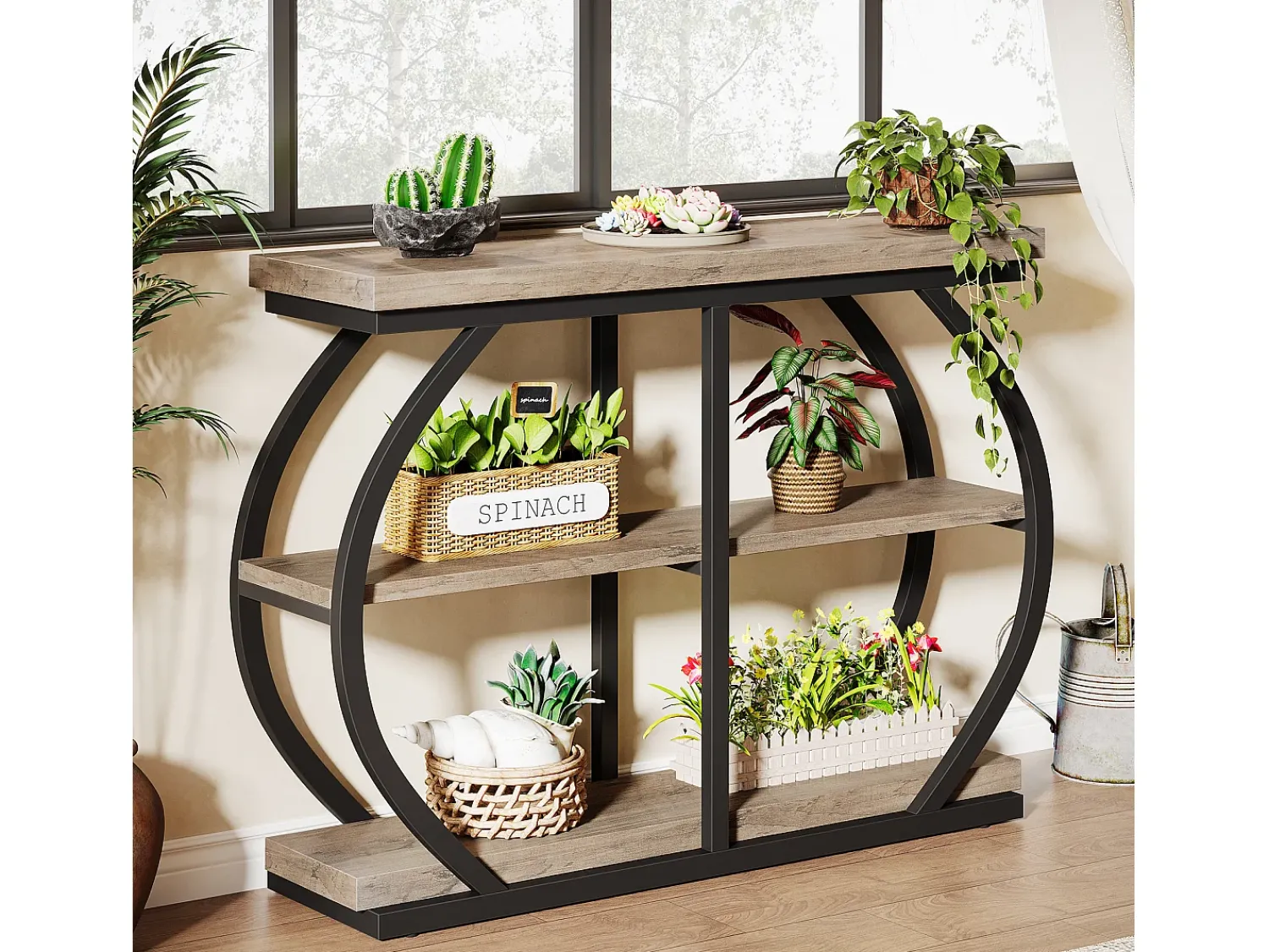 Consola|Tribesigns Mesa de Console 105cm, Mesa de Entrada Industrial de 3 Andares com Quadro de Metal Arcoado e Prateleiras de Armazenamento Natural claro