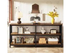Consola|Tribesigns Mesa de Console com Prateleiras de Armazenamento, Mesa de Sofá Industrial de 180cm com 3 Andares para Sala de Estar Castanho