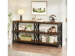 Consola|Tribesigns Mesa de Console com Prateleiras de Armazenamento, Mesa de Sofá Industrial de 180cm com 3 Andares para Sala de Estar Castanho
