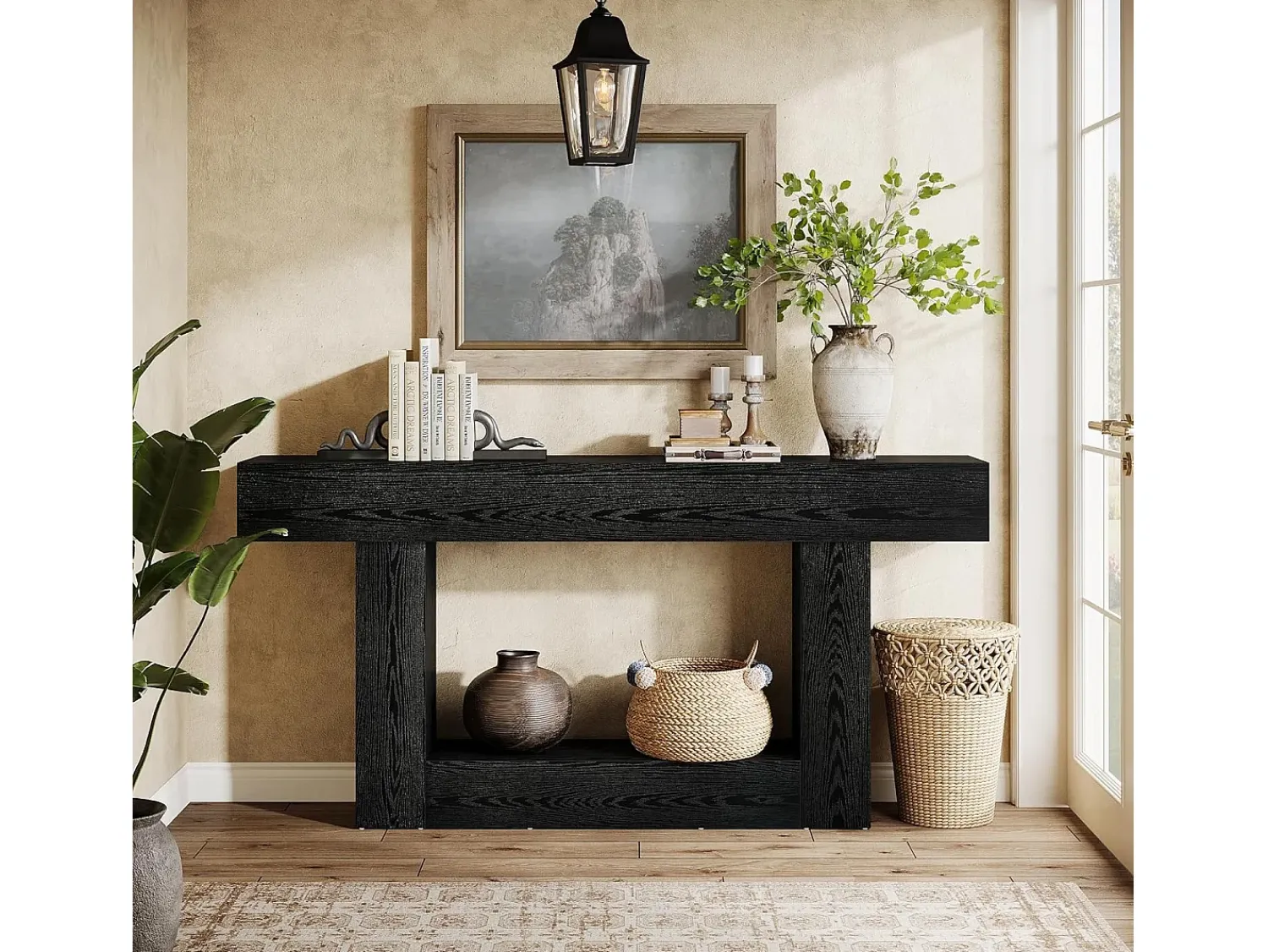 Best Tribesigns Mesa de Console de 160cm, Mesa de Sofá de 2 Andares Preta Mesa de Entrada Preto