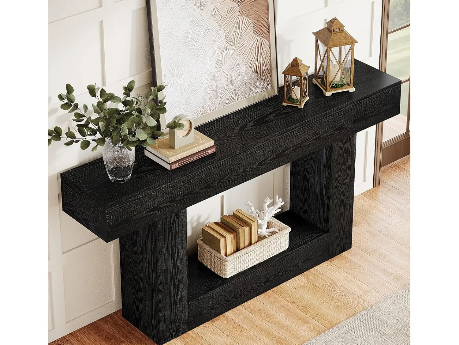 Best Tribesigns Mesa de Console de 160cm, Mesa de Sofá de 2 Andares Preta Mesa de Entrada Preto