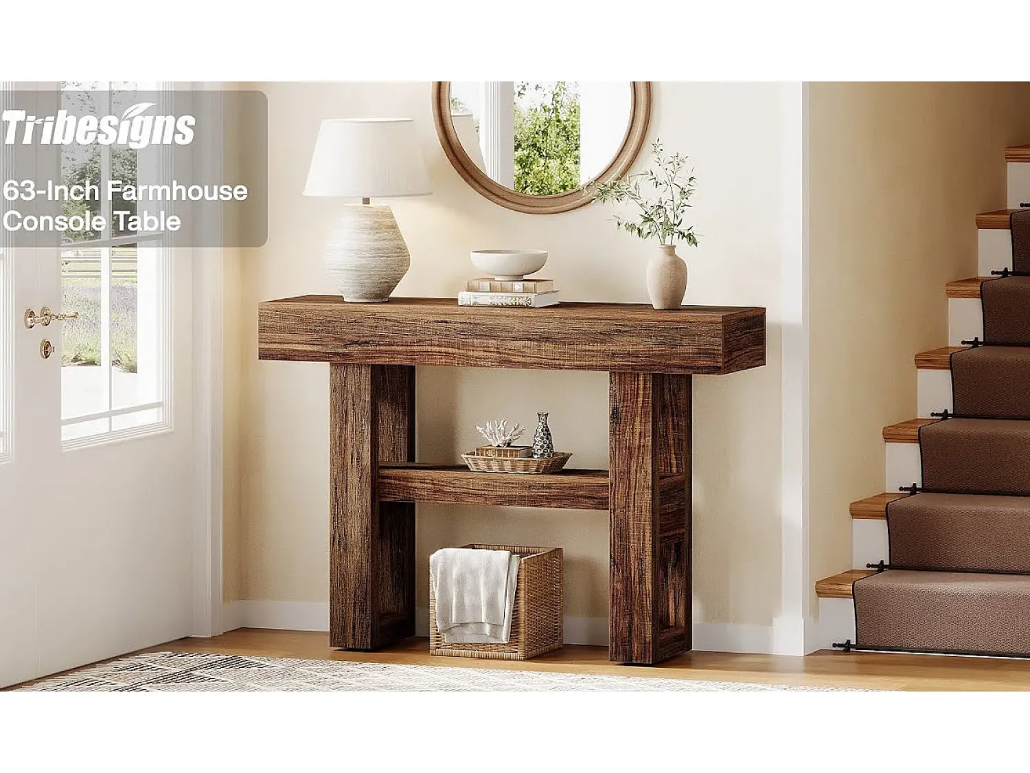 Consola|Tribesigns Mesa de console de quinta com 105 cm, mesa estreita para sofá de dois andares para trás do sofá Castanho