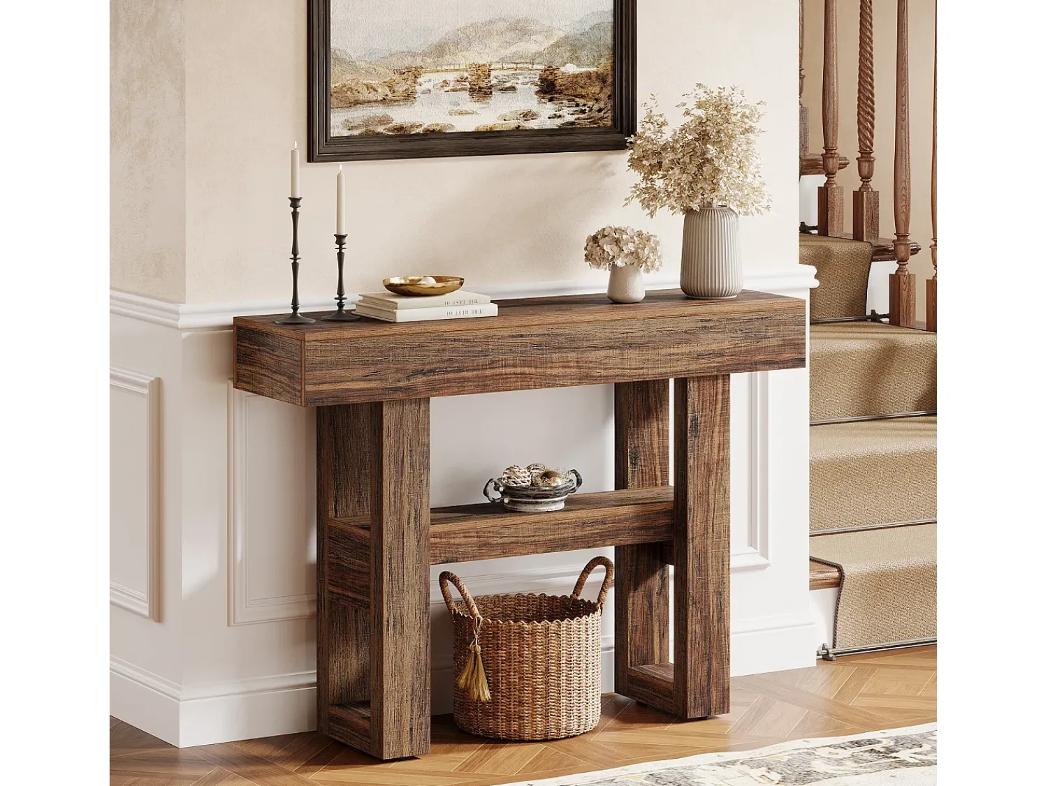Consola|Tribesigns Mesa de console de quinta com 105 cm, mesa estreita para sofá de dois andares para trás do sofá Castanho