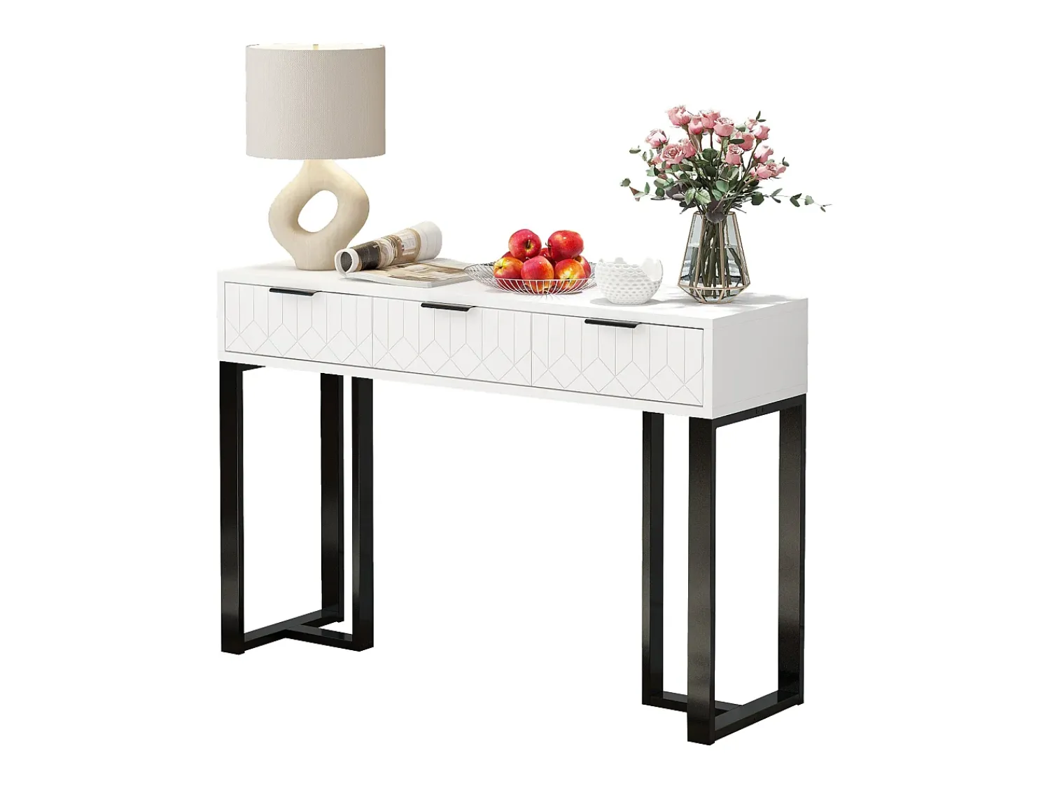 Clearance Merax Mesa de console moderna com 3 gavetas - 120 x 36 x 80 cm - MDF - para sala, corredor - + preto Branco