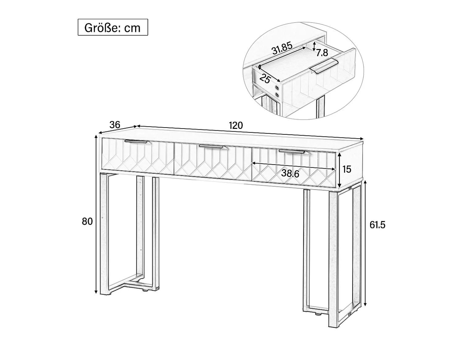 Clearance Merax Mesa de console moderna com 3 gavetas - 120 x 36 x 80 cm - MDF - para sala, corredor - + preto Branco