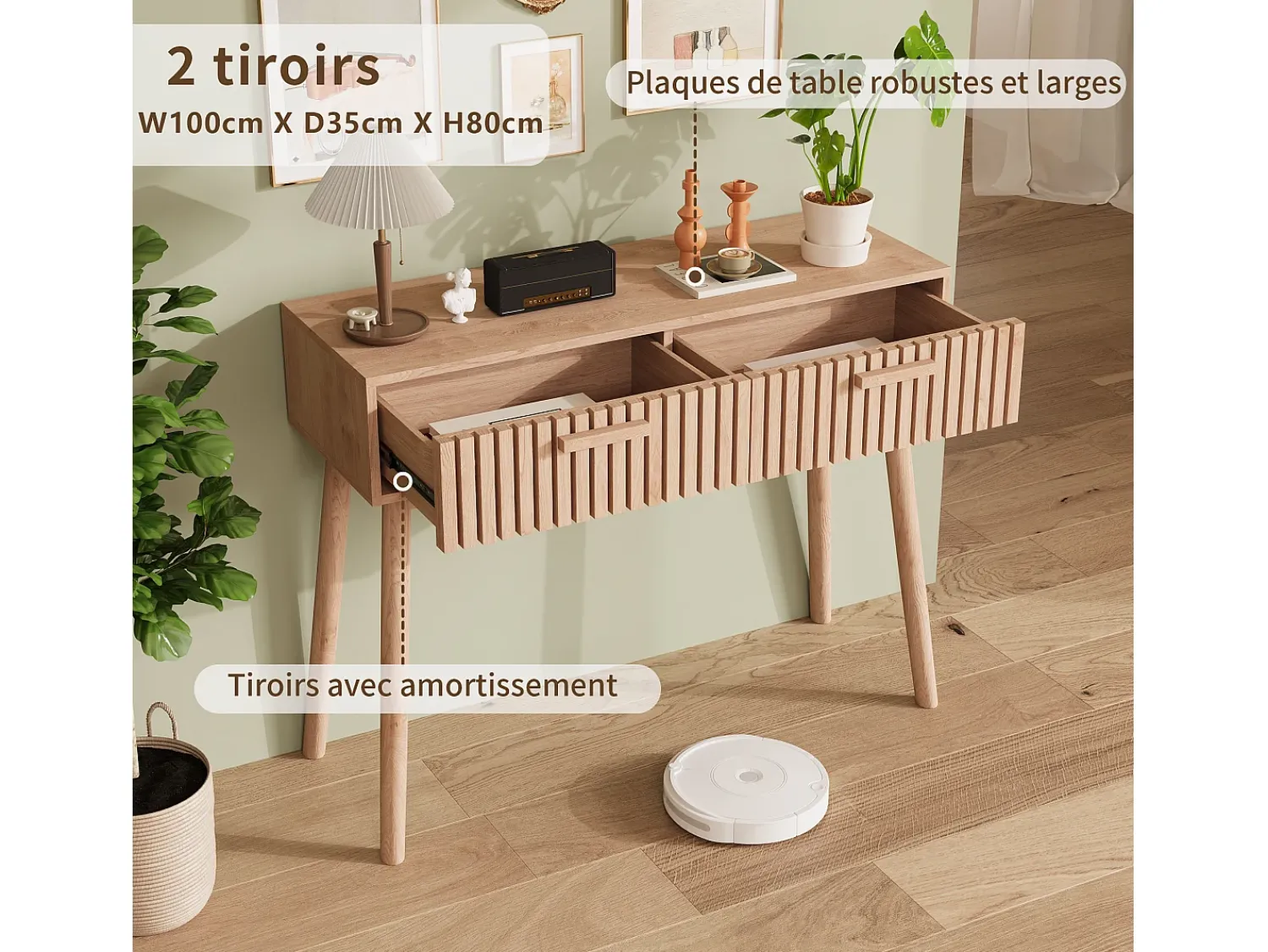 Vitrina| Mesa de entrada moderna em madeira marrom canelada com puxadores altos e estreitos para sala de estar Natural claro