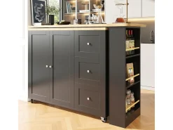 Móvel De Bar* Mesa de pé giratória 360° (135-203 cm) com rodízios, preta, com 3 gavetas e porta-lanches. Preto