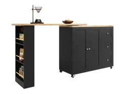 Móvel De Bar* Mesa de pé giratória 360° (135-203 cm) com rodízios, preta, com 3 gavetas e porta-lanches. Preto