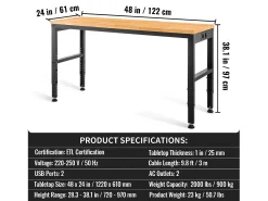 Mesa De Centro* Mesa de Trabalho Ajustável SucceBuy, 122x61x97 cm, com Tomada de Corrente, para Escritório, Casa, Garagem Castanho