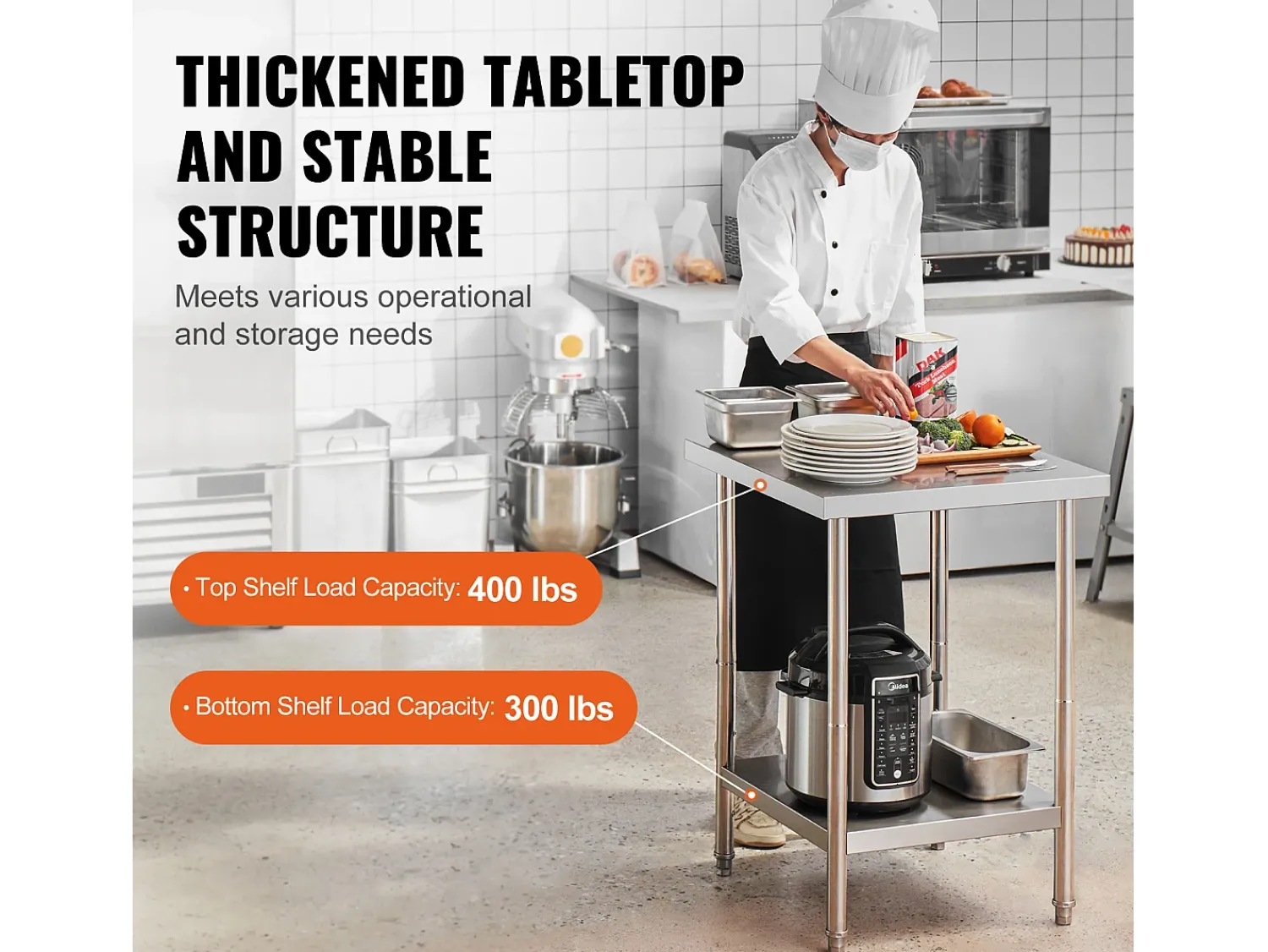 Móvel De Arrumação| Mesa de Trabalho de Cozinha SucceBuy 60.96x60.96x86.36 cm, Posto de Trabalho Alimentar Comercial Prateado