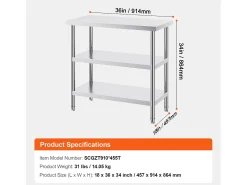 Móvel De Arrumação| Mesa de Trabalho SucceBuy Mesa de Trabalho em Aço Inoxidável 45.7 x 91.4 cm, Mesa de Preparação de Alimentos para Cozinha Comercial Prateado