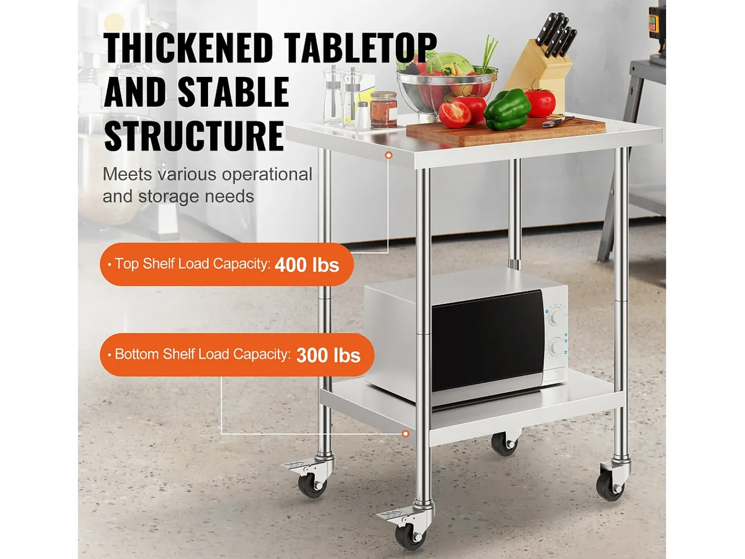 Móvel De Arrumação| Mesa de Trabalho SucceBuy Mesa de Trabalho em Aço Inoxidável 60.96 x 76.2 cm, Mesa de Preparação Comercial com 4 Rodízios Prateado